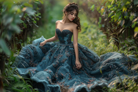 Woman in Blue Dress Amidst Forestの素材