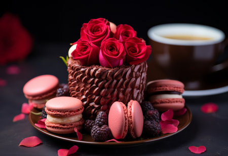 Plate of Macaroons and Roses on Tableの素材