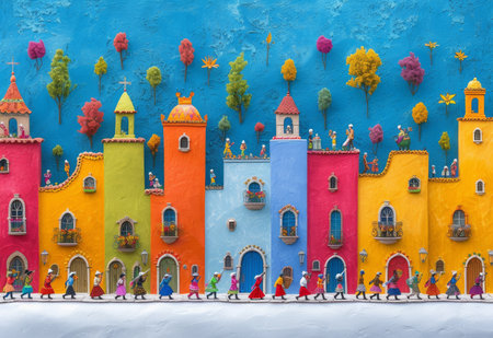 Group Walking in Front of Colorful Buildingの素材