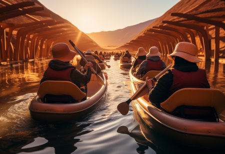 Canoeing Group Adventuring Down Riverの素材
