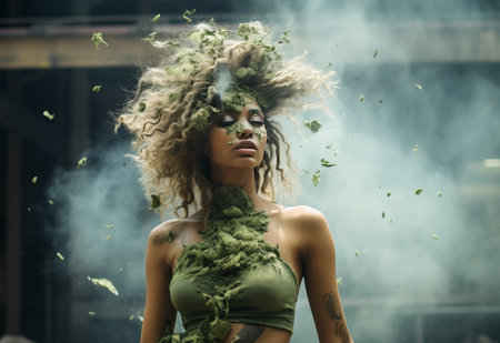 Woman in Green Outfit With Leaves on Headの素材