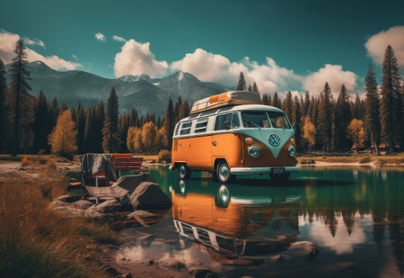 VW Bus Parked on Lake Shoreの素材