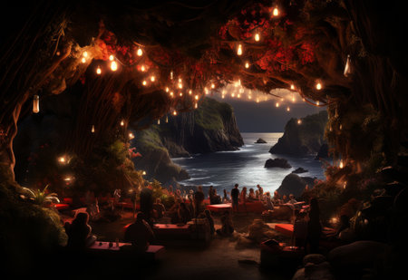 Crowd Gathered Around Fire Pit in Caveの素材