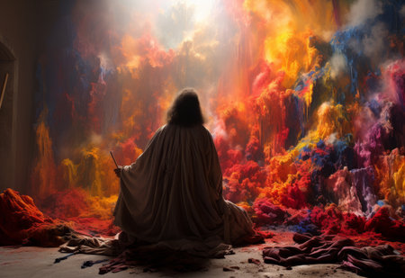 Person Sitting in Front of Colorful Wallの素材