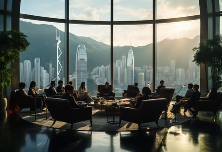 Group of People Sitting Around a Table in a Roomの素材