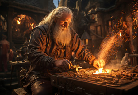 Elderly Man With Long White Hair and Beard Lighting a Candleの素材