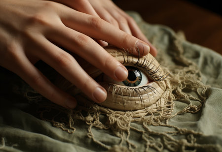 Close-Up of Persons Hands Touching Dolls Eyeの素材