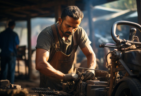 Man Working on Car in Garageの素材