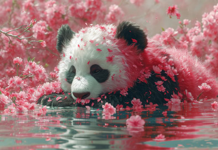 Panda Bear in Body of Water Surrounded by Pink Flowersの素材