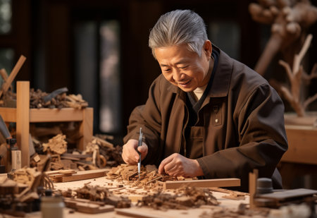 Man Crafting Wood in Workshopの素材