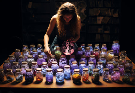 Woman Standing in Front of a Table Full of Jarsの素材