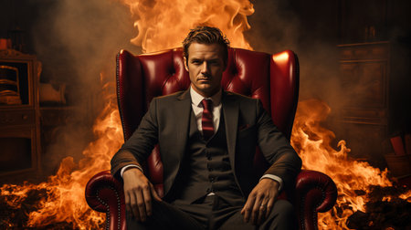 Man Sitting in Chair by Fireの素材