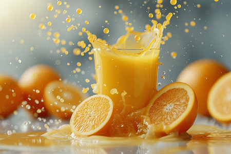 Glass of Orange Juice Surrounded by Orangesの素材