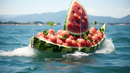 Watermelon Boat Floating on Body of Waterの素材