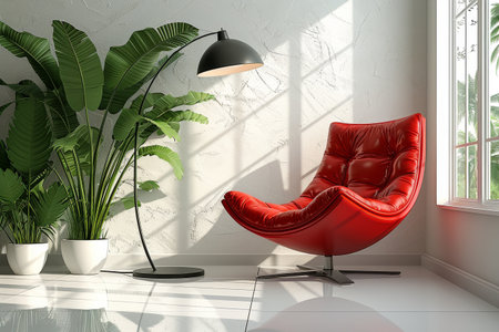 Red Chair and Potted Plants in a Living Roomの素材