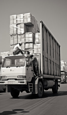 Two Men Unloading Boxes From a Truckの素材