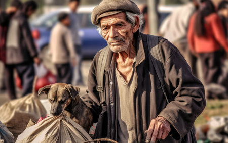 Old Man Walking With Dog in Bagの素材