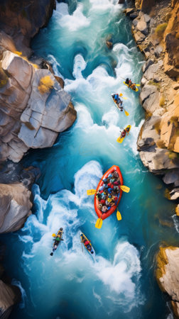 Group of People Kayaking Down Riverの素材