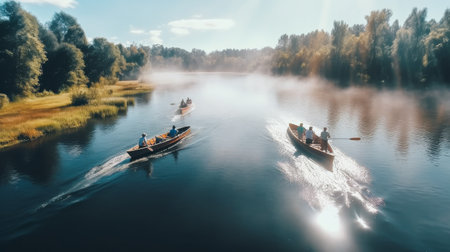 Group of People Riding on Top of a Boat on a Riverの素材
