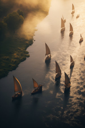 Group of Boats Floating on Riverの素材