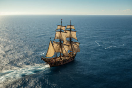 Large Boat Sailing Through Ocean on Sunny Dayの素材