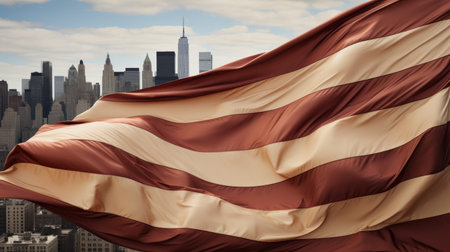 Large American Flag Flying in Front of Cityの素材