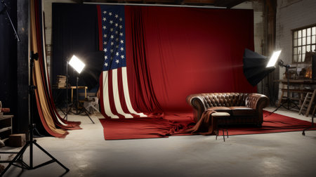 Photo Studio With Large American Flag on the Wallの素材