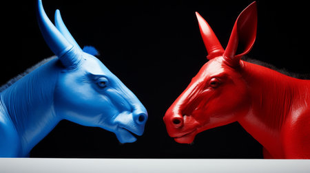 Two Red and Blue Bulls Facing Each Otherの素材