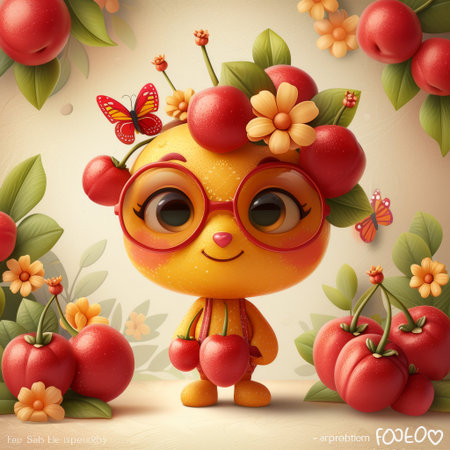 Cartoon Character With Fruit on Headの素材