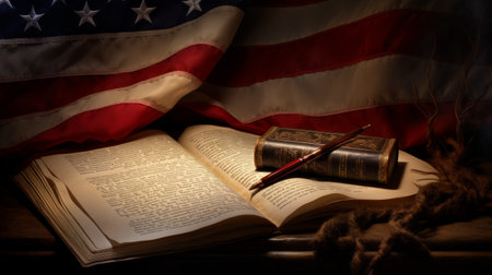 Open Book on Table Next to American Flagの素材