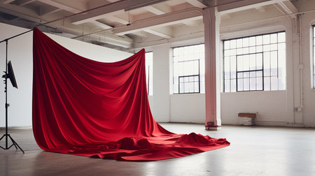Red Cloth Draped Over Camera in Empty Roomの素材