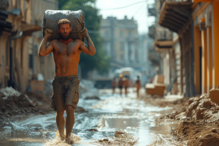 Man Walking Down Dirty Street With Bagの素材