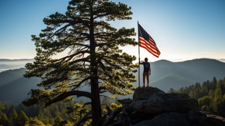 Man Standing on Mountain With Flagの素材