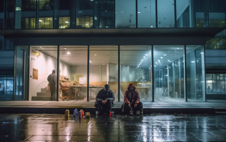 Two People Sitting on a Bench in Front of a Buildingの素材