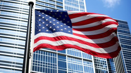 American Flag Flying in Front of Tall Buildingの素材