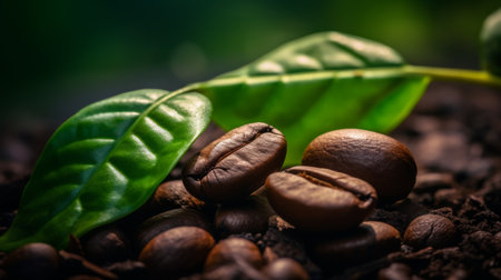 Close-up of Coffee Beans and Green Leafの素材