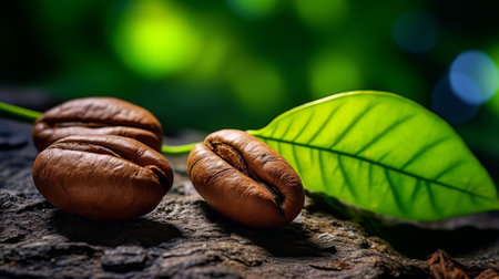 Two Coffee Beans on Rock With Green Leafの素材