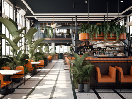 Restaurant With Orange and Black Chairs and Plantsの素材