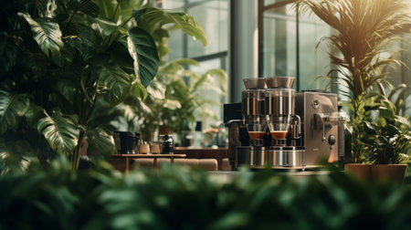 Coffee Maker Surrounded by Potted Plants in a Greenhouseの素材