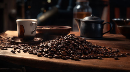 Coffee Beans Piled on Wooden Tableの素材