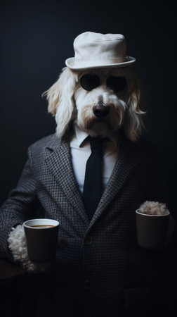 Dog Wearing Suit and Tie With Two Cups of Coffeeの素材
