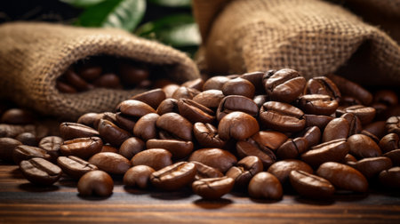 Pile of Coffee Beans on Wooden Tableの素材