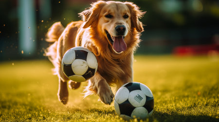 Dog Running With Two Soccer Balls in Its Mouthの素材