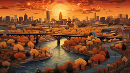 City Painting With River Bridgeの素材