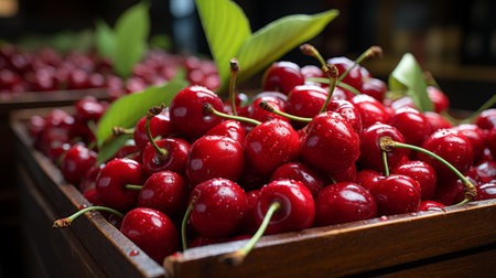 Wooden Box Overflowing With Luscious Red Cherriesの素材