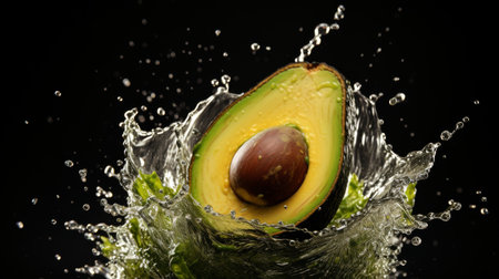 Avocado Plunging Into Water on Black Backgroundの素材