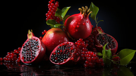 Group of Pomegranates With Leaves on Black Backgroundの素材