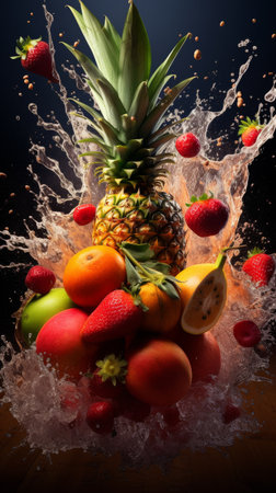Pineapple Splashing Into Pile of Fruitの素材