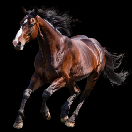 Brown horse galloping powerfully on a dark backgroundの素材