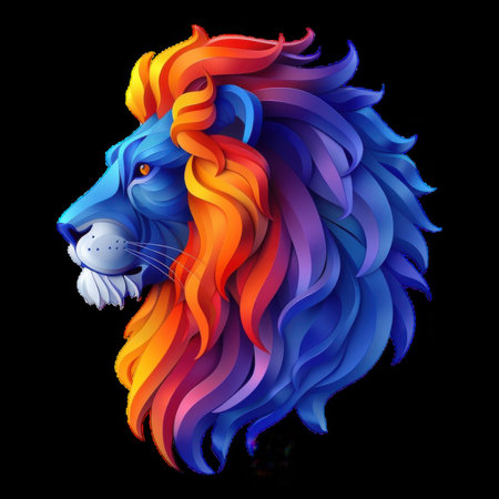 Brightly colored lion head with flowing mane designの素材